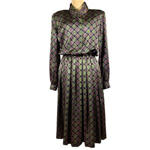Vintage Talbots 14 Midi Dress Geometric Floral Print Black Gold Purple Polyester